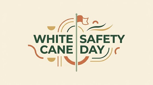 White Cane Safety Day logo, retro vector emblem, minimal typographic design, accessibility awareness graphic, beige and terracotta style