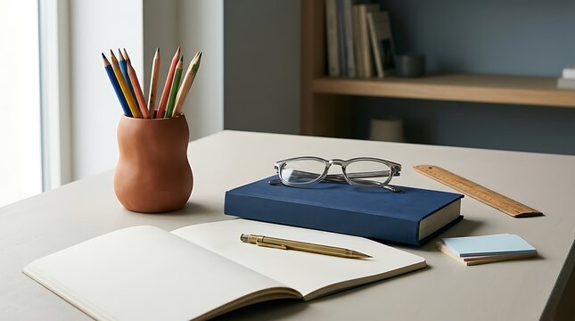 Minimalist home office desk setup with open notebook, blue hardcover book, and ceramic pencil holder in soft natural light.