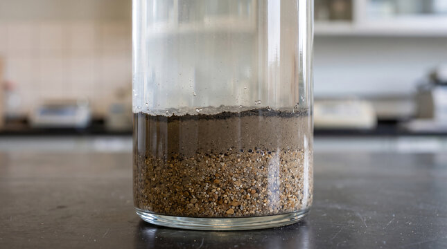 Scientific photograph of settled soil particles in a transparent column, showing coarse sand and finer mineral sediment accumulating in distinct layers beneath relatively clear water.