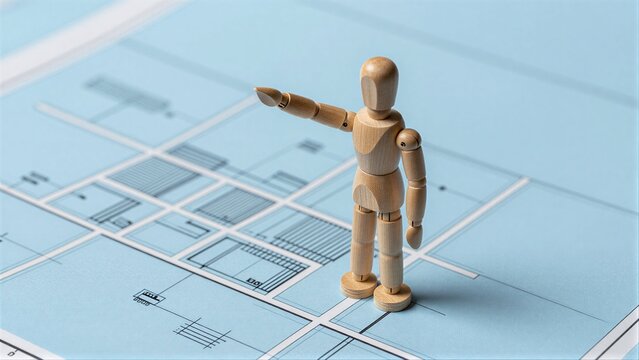 Wooden figure stands on blueprints, pointing at architectural plans.