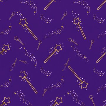 Golden magic wands and sparkling star dust seamless pattern on purple background