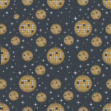 Retro golden disco balls and sparkling stars seamless pattern on dark background