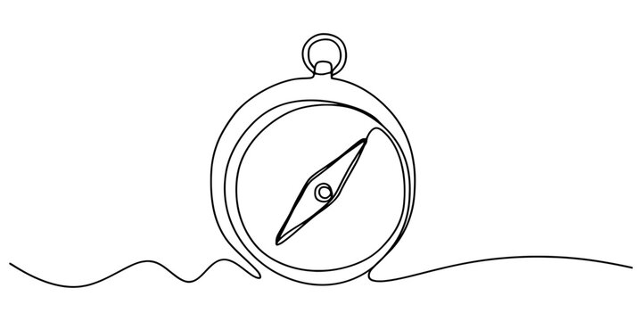 Vintage magnetic compass line drawing shows navigation tool on wavy ground for adventure seeking and direction finding.