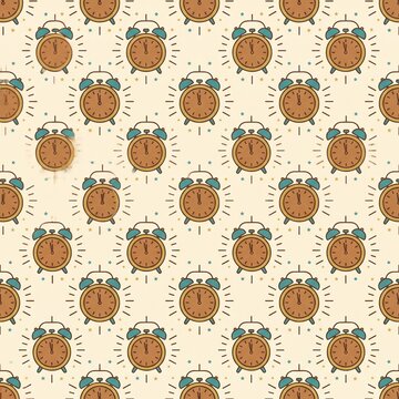 Vintage alarm clocks counting to midnight seamless pattern on beige background