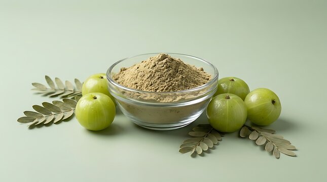 Amla powder in a glass bowl with fresh gooseberry fruits and green leaves for healthy ayurvedic medicine. aamla health blend