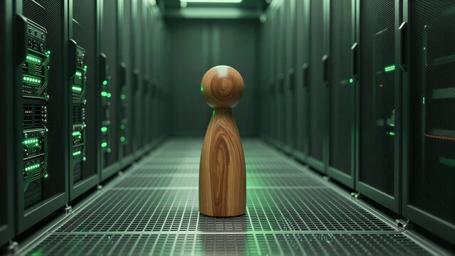 Wooden figure stands alone in glowing server room, surrounded by endless rows of tech.