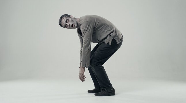 Male zombie in torn gray shirt and dark trousers hunched forward with arms hanging down and mouth open, creepy Halloween horror concept on a white studio background