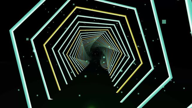 Abstract Futuristic Hexagonal Tunnel Motion Background, Emerald Green and Gold Neon Light Animation, Glowing Geometric Corridor, Sci Fi VJ Loop