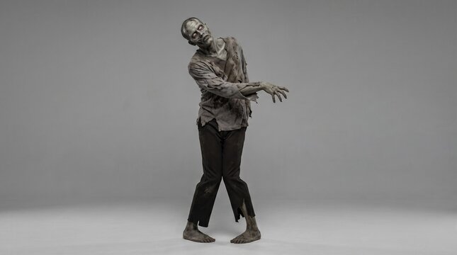 Barefoot male zombie with pale gray skin standing knock-kneed with head tilted and one arm reaching out, creepy Halloween horror concept on a gray studio background