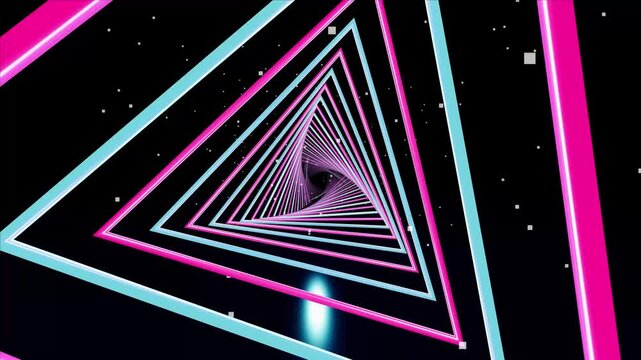 Futuristic Neon Triangle Tunnel Motion Background with Glowing Pink and Cyan Blue Lights, Abstract Geometric Corridor