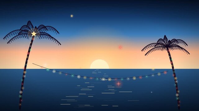 Tropical Christmas blue hour at the beach, palm trees and string lights