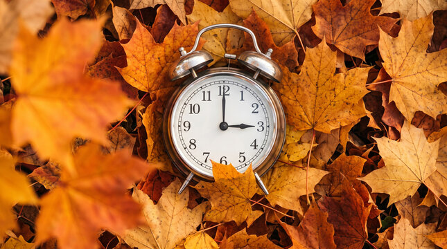 Fall Back Daylight Saving Time Concept, Clock on Autumn Maple Leaves