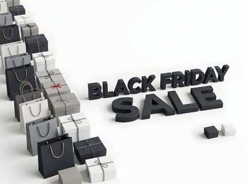 Black friday sale text with many shopping bags arranged in two rows for holiday deals