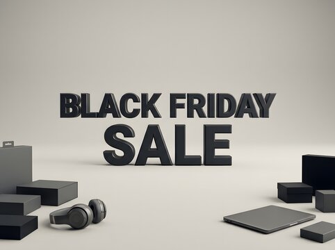 Black friday sale bold text sign with scattered shopping boxes and electronics gear