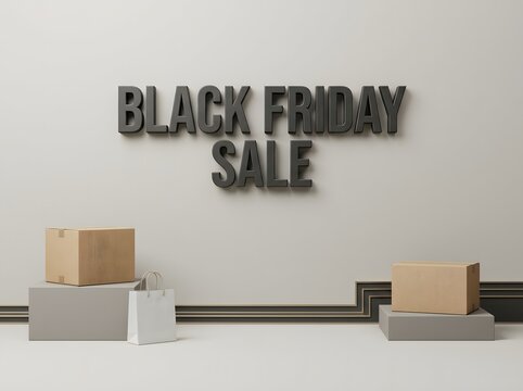Black friday sale sign with cardboard boxes on gray pedestals for shopping promotion