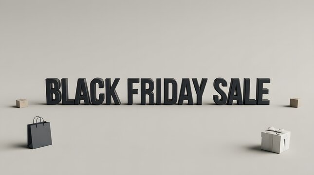 Black friday sale sign with shopping bags and gift boxes on a clean gray surface