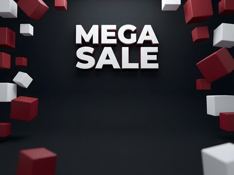 Mega sale text sign with floating red and white 3d cubes on a dark black background