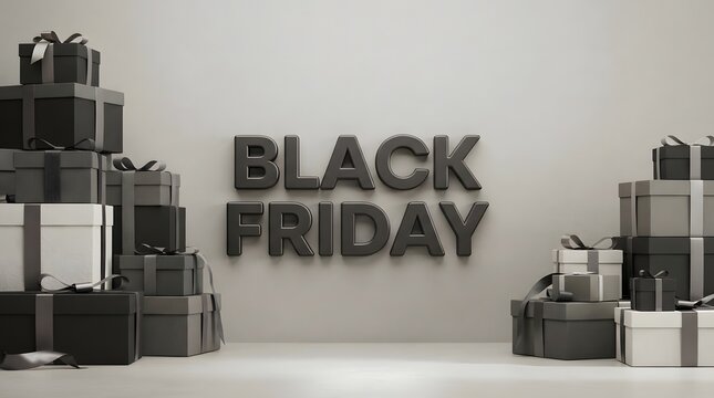 Black friday text sign with stacks of wrapped gift boxes for shopping sale promotion