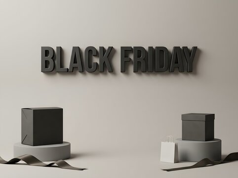 Black friday text sign with gift boxes on small pedestals for a seasonal shopping sale
