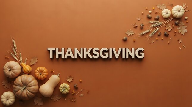 Thanksgiving greeting card with pumpkins and wheat on a brown autumn background