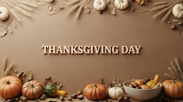 Thanksgiving day greeting card design with pumpkins and harvest vegetables on brown background