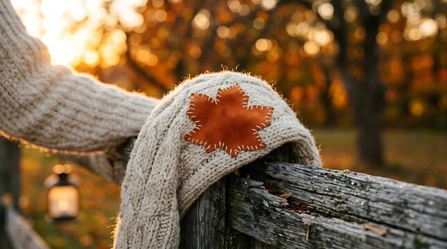Cozy knitted winter sweater draped over weathered wooden fence outdoors with decorative fabric maple leaf patch at golden hour