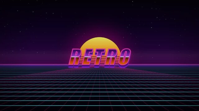 Retro synthwave typography shimmering over neon grid landscape with glowing sun and nostalgic outrun for music entertainment marketing