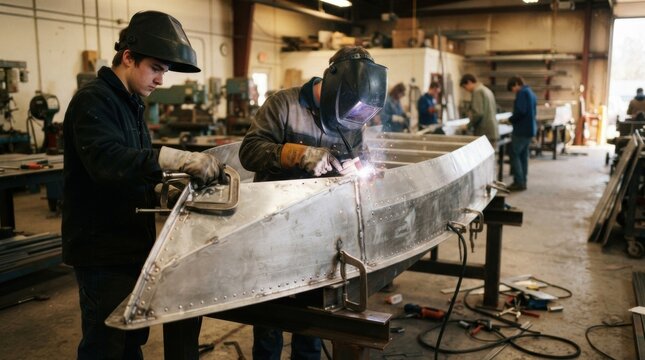 Students in welding helmets shaping an aluminum boat hull with TIG welding sparks, clamps, riveted panels, and workshop tools.
