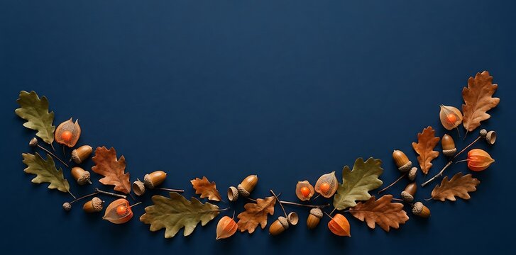 Curved autumn garland made of brown oak leaves acorns and orange physalis flowers arranged on dark navy blue background top view
