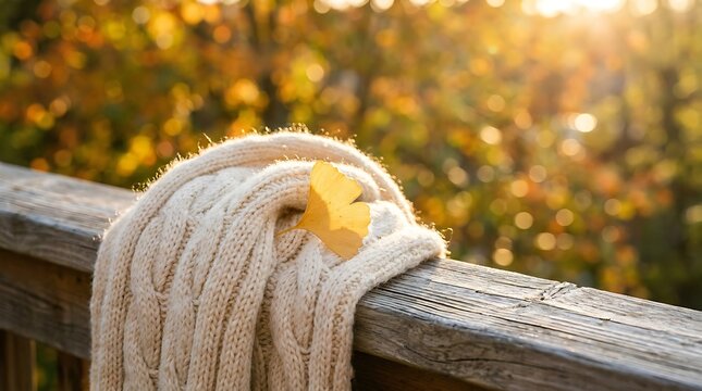 Cozy white knitted scarf draped over a wooden railing with a single yellow ginkgo leaf during crisp autumn season