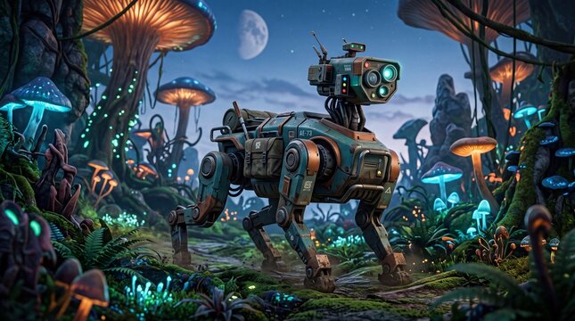 Futuristic Robotic Exploration Dog Wandering Through a Bioluminescent Alien Forest Landscape Under Moonlight