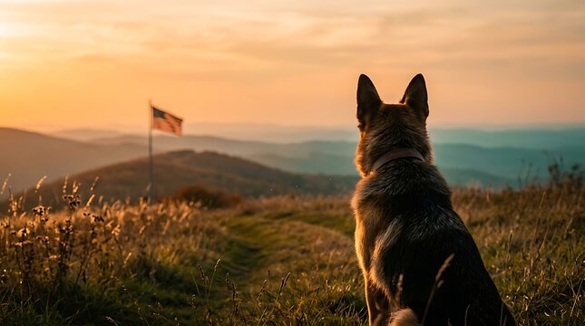 American Veterans Day German shepherd dog sitting attentively on a grassy ridge overlooking a scenic valley at sunset with an american flag