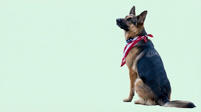 American Veterans Day German shepherd dog sitting proudly wearing a patriotic american flag bandana against a clean isolated light background
