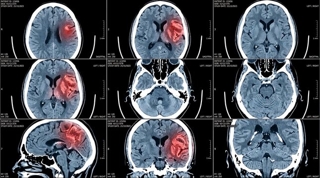 Multiple brain scan views with highlighted tumor