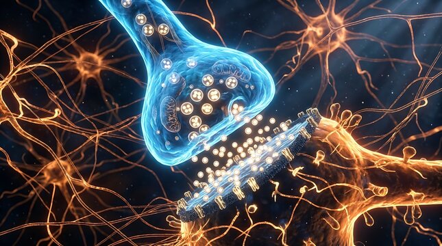 Neural synapse showing neurotransmitter release between neurons
