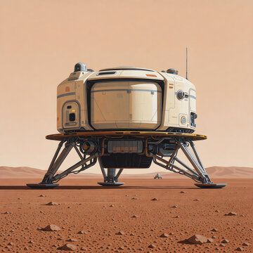 beige four-legged lander rests on rocky red terrain