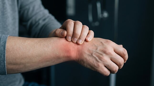 Person scratching itchy red skin on forearm