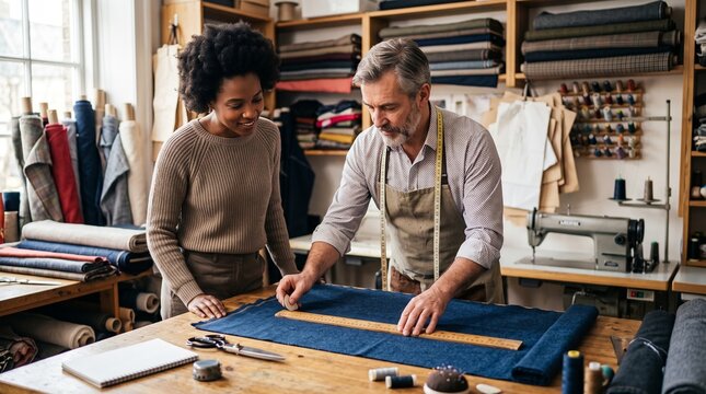 Tailor and apprentice collaborate measuring fabric in a workshop with sewing machine and fabric rolls