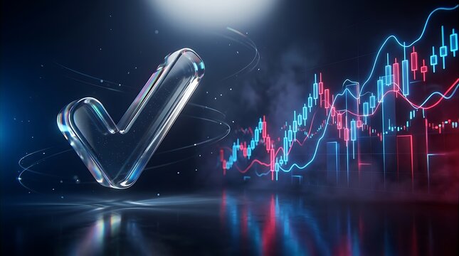 Glowing glass checkmark symbol next to financial market trading charts with bullish trend lines