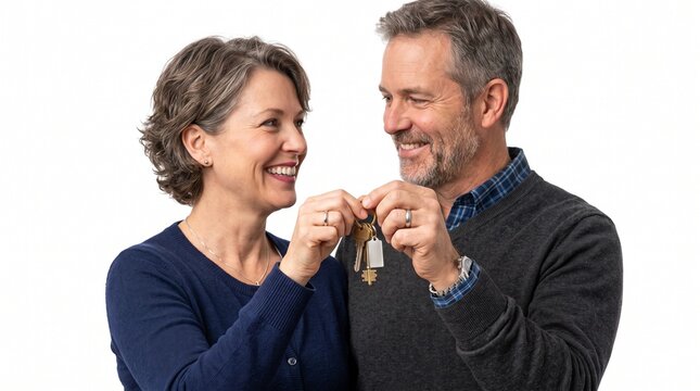 Happy middle aged couple receiving house keys, symbolizing home ownership and new beginnings