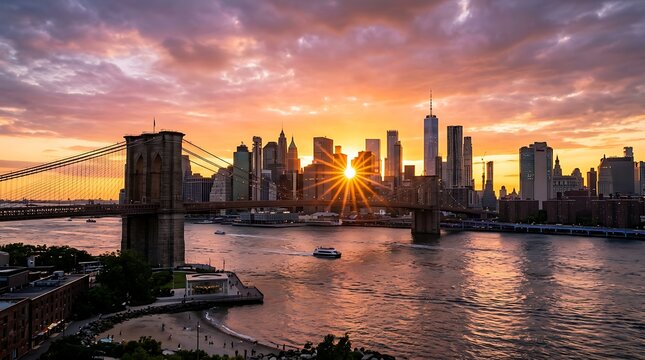 Suspension bridge and city skyline at sunset