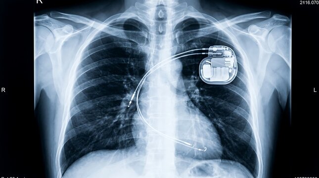 Chest radiograph showing cardiac pacemaker implant