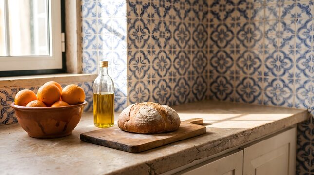 Rustic loaf of sourdough bread and oranges in bowl on kitchen counter with decorative tiles homemade breakfast sunlight interior traditional culinary ingredients delicious