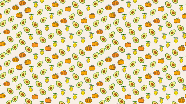 Seamless pattern of avocados, pumpkins, and lemons