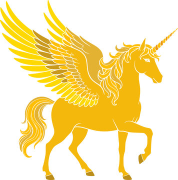 Golden vector illustration of a majestic winged unicorn or alicorn. Detailed fantasy artwork featuring elegant feather wings and a horn, isolated on a white background for magical mythology and fairy 