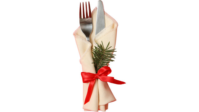Festive Holiday Cutlery Wrapped in Cream Napkin with Pine Sprig and Red Ribbon for Elegant Table Setting Decoration