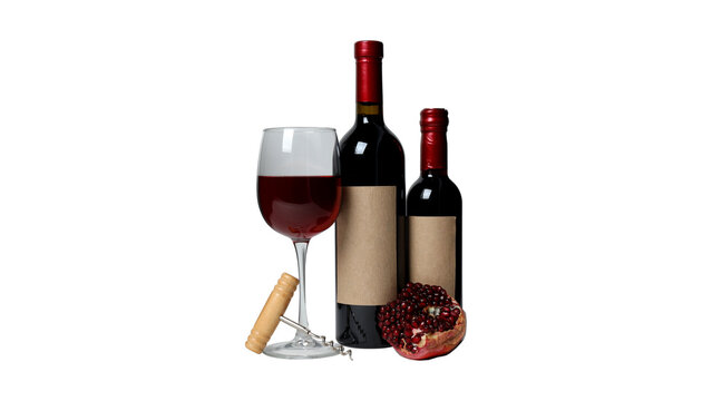 Red wine bottles with blank label glass cork and ripe pomegranate isolated on white background