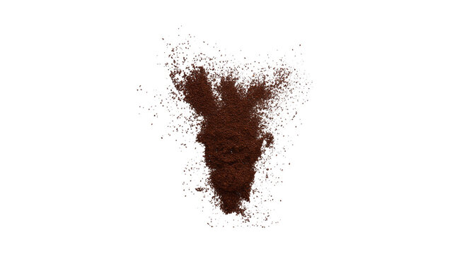 Dynamic Explosion of Finely Ground Dark Brown Coffee Powder on a Pure White Background