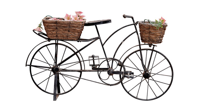 Vintage Black Decorative Metal Bicycle with Wicker Baskets and Colorful Flowers on White Background
