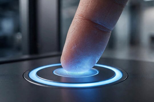 Close up of a human finger pressing a glowing biometric fingerprint scanner